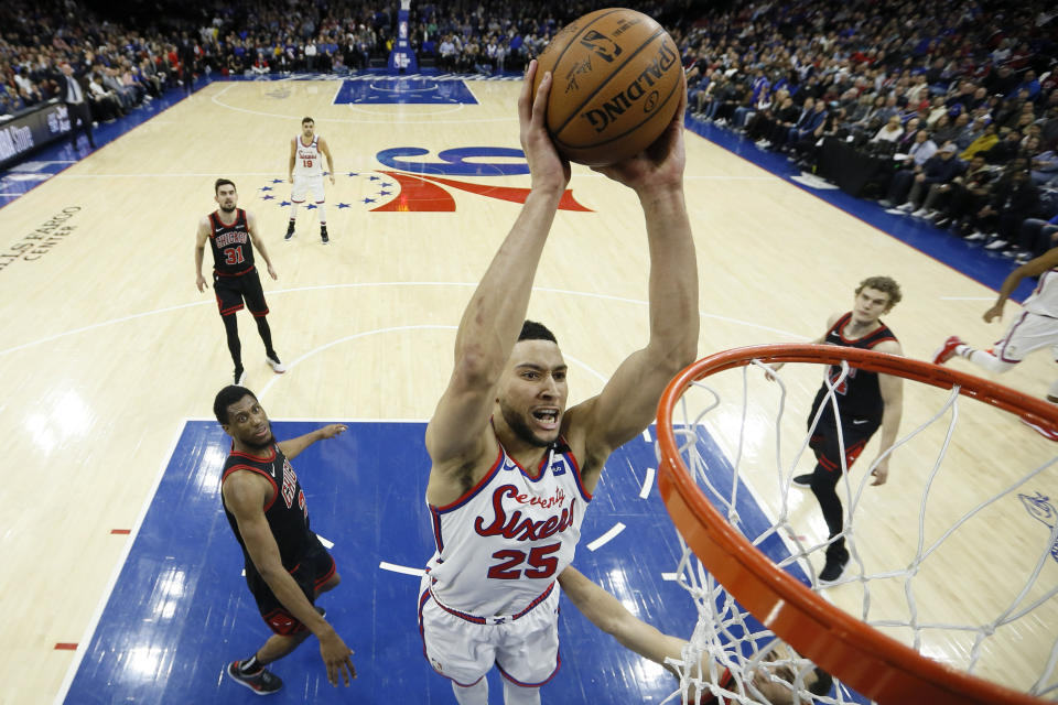 Philadelphia 76ers' Ben Simmons goes up for a dunk during the first half of an NBA basketball game against the Chicago Bulls, Friday, Jan. 17, 2020, in Philadelphia. (AP Photo/Matt Slocum)