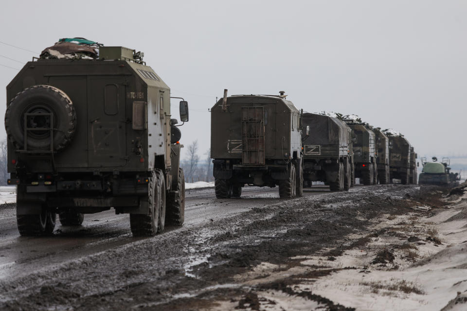 A column of Russian military vehicles.