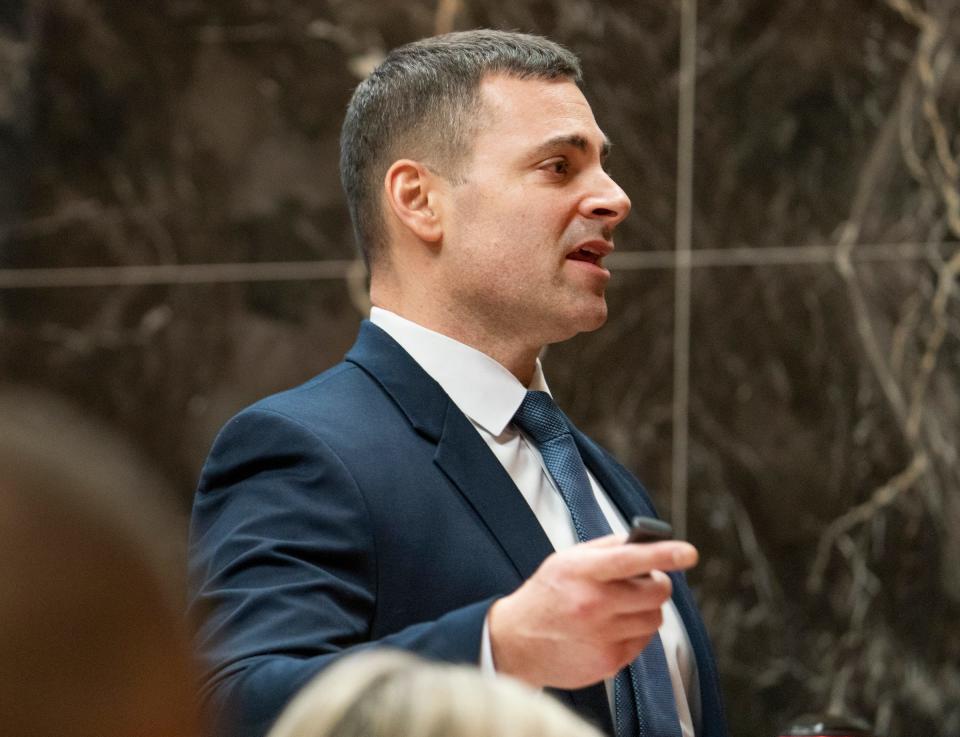 Assistant Oakland County prosecutor Marc Keast delivers opening statements during the trial of Jennifer Crumbley in the courtroom of Oakland County Judge Cheryl Matthews on Thursday Jan. 25, 2024.