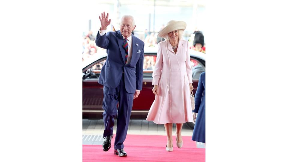 Queen Camilla and King Charles III arrive at the Senedd 