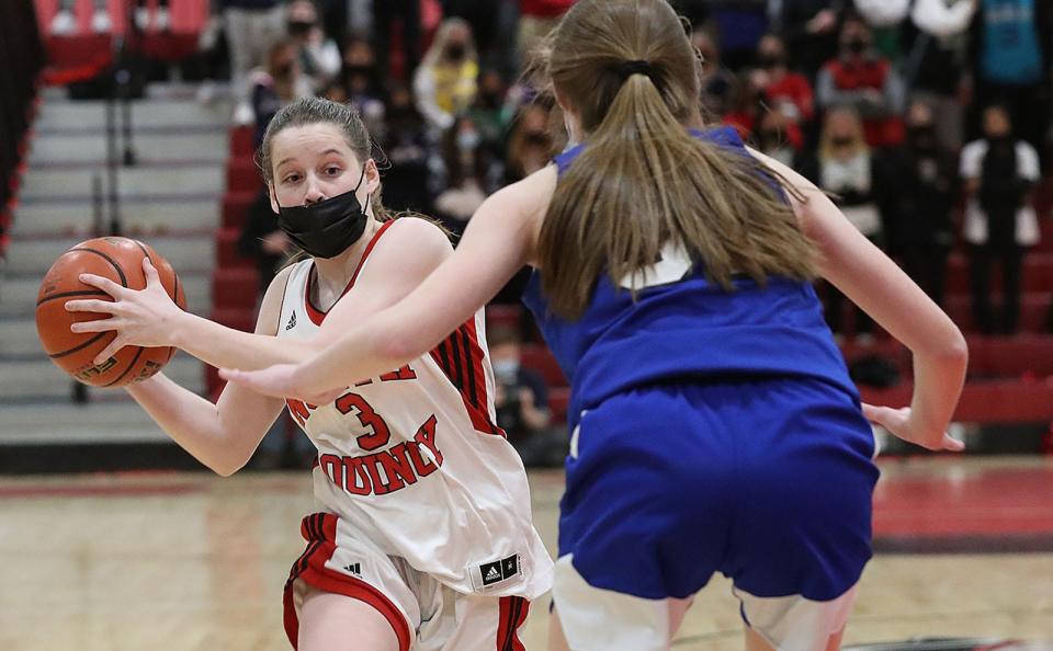 North Quincy High sophomore captain Orlagh Gormley looks to pass to a teammate. North Quincy hosted Quincy in a girls basketball game on Friday, Jan. 21, 2022.