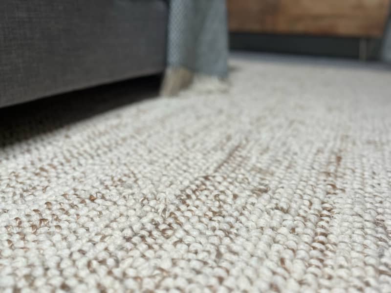 West Elm Mini Pebble Wool Jute Rug in living room.