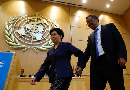 Outgoing Director-General Margaret Chan (L) congratulates Tedros Adhanom Ghebreyesus after his election as Director General of the World Health Organization (WHO) during the 70th World Health Assembly in Geneva, Switzerland, May 23, 2017. REUTERS/Denis Balibouse
