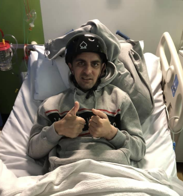 Ashley Hickman gives a thumbs up from his hospital bed. Source: Facebook
