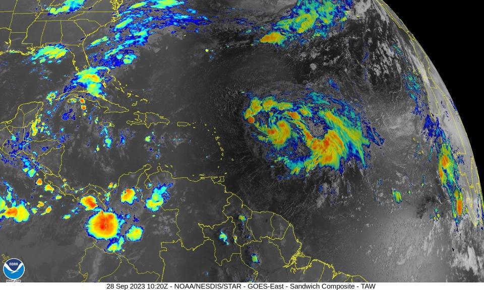 A satellite view of Tropical Storm Philippe on Thursday morning.