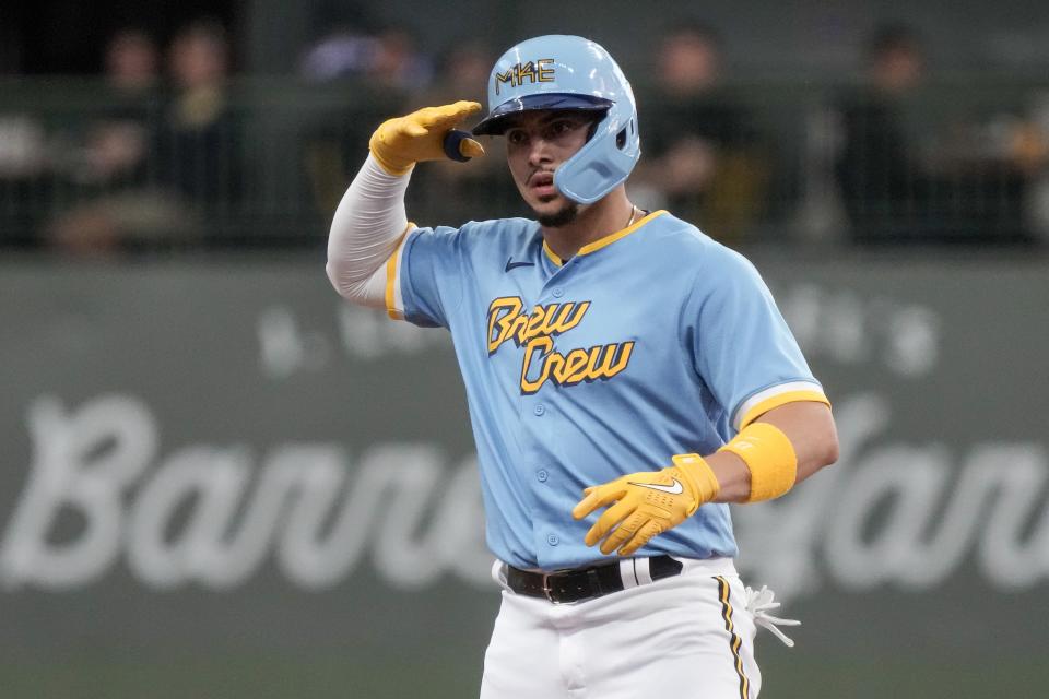 Milwaukee Brewers' Willy Adames reacts after hitting a double during the third inning of a baseball game against the Baltimore Orioles Wednesday, June 7, 2023, in Milwaukee. (AP Photo/Morry Gash)