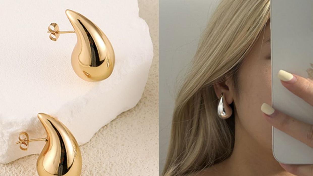 A photo of Apsvo Chunky Gold Hoop Earrings that are similar-looking to Bottega Veneta's popular style; a model wearing the Apsvo earrings. (PHOTO: Amazon)