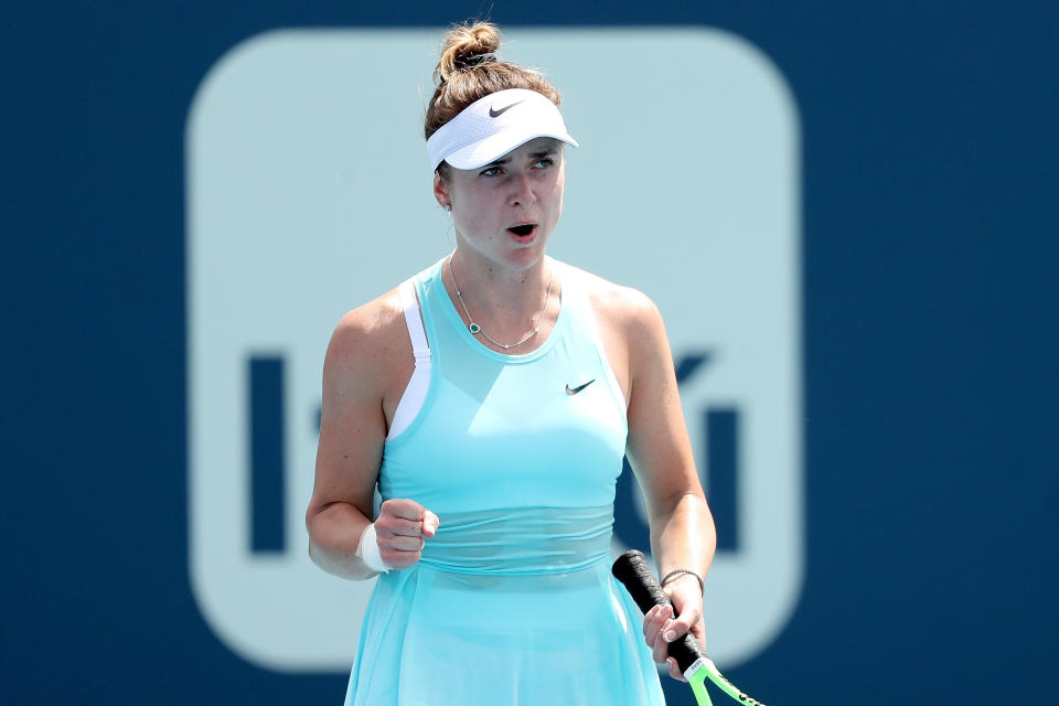 Elina Svitolina (pictured) celebrates while playing Ekaterina Alexandrova at the Miami Open.