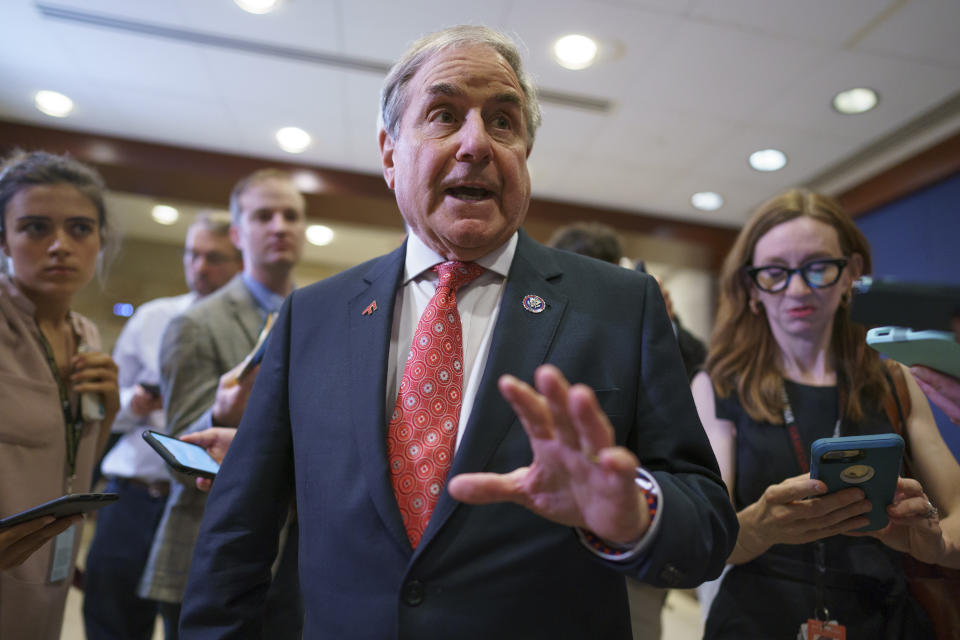 FILE - In this June 15, 2021, file photo, House Budget Committee Chairman John Yarmuth, D-Ky., talks with reporters after meeting with the House Democratic Caucus and Biden administration officials to discuss progress on an infrastructure bill, at the Capitol in Washington. Kentucky State Rep. Attica Scott, one of two Black women in the state legislature, has announced plans to try to unseat longtime Democratic Congressman John Yarmuth in the state’s only congressional seat controlled by Democrats. In a video announcing her candidacy released Wednesday morning, July 7, 2021, Scott referenced her background as community organizer and activist, declaring that Kentucky's largest city needs “a leader who sees this glaring inequality has the empathy to understand it, and the resolve to address it.” (AP Photo/J. Scott Applewhite, File)