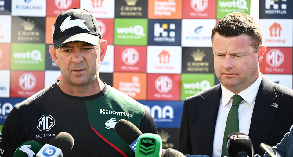 Souths coach Jason Demetriou and CEO Blake Solly address the media after Sam Burgess' departure from the Rabbitohs. (AAP Image/Dan Himbrechts)
