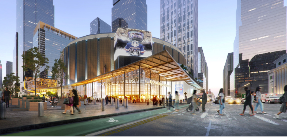 A rendering of New York Penn Station from the corner of Eighth Avenue and 33rd Street, designed by the group FXCollaborative Architects LLP, WSP USA Inc. and British architect John McAslan + Partners.