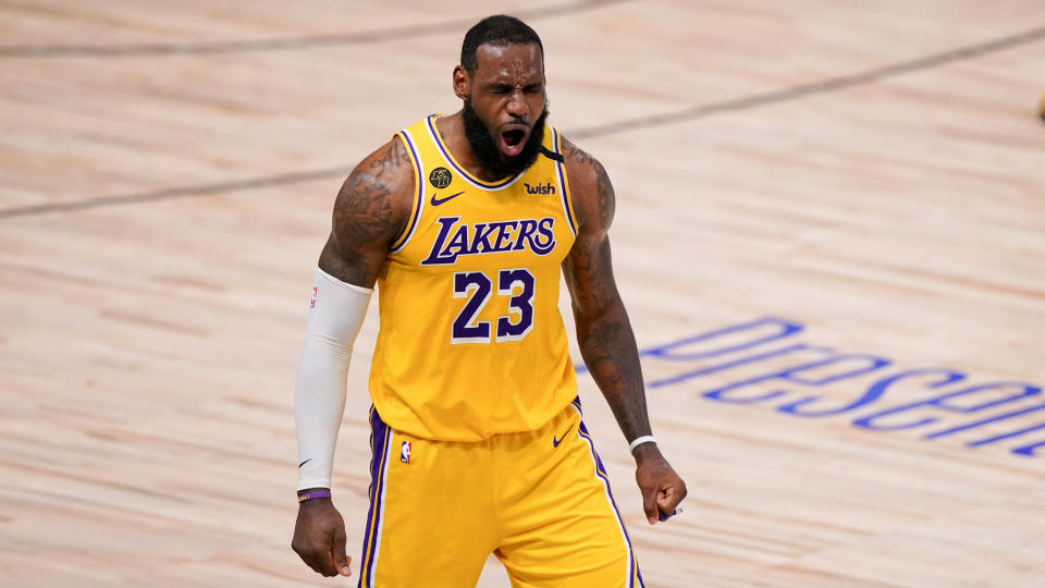 Los Angeles Lakers forward LeBron James plays against the Miami Heat during the second half in Game 4 of basketball's NBA Finals Tuesday, Oct. 6, 2020, in Lake Buena Vista, Fla. (AP Photo/Mark J. Terrill)