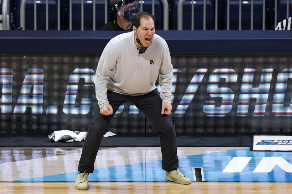 Baylor head coach Scott Drew yells instructions against Villanova in the second half of a Sweet 16 game in the NCAA men's college basketball tournament at Hinkle Fieldhouse in Indianapolis, Saturday, March 27, 2021. (AP Photo/AJ Mast)