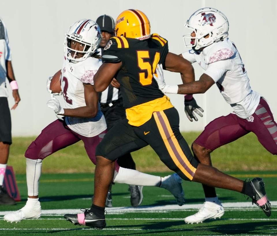 Bethune-Cookman's Jeremy Greaves Jr. (54) attempts to chase down Texas Southern's Savion Sims (2) during a game at Daytona Stadium, Saturday, Oct. 14, 2023.