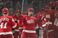 Detroit Red Wings center Dylan Larkin (71) celebrates his goal against the Los Angeles Kings in the first period of an NHL hockey game Saturday, Jan. 13, 2024, in Detroit. (AP Photo/Paul Sancya)