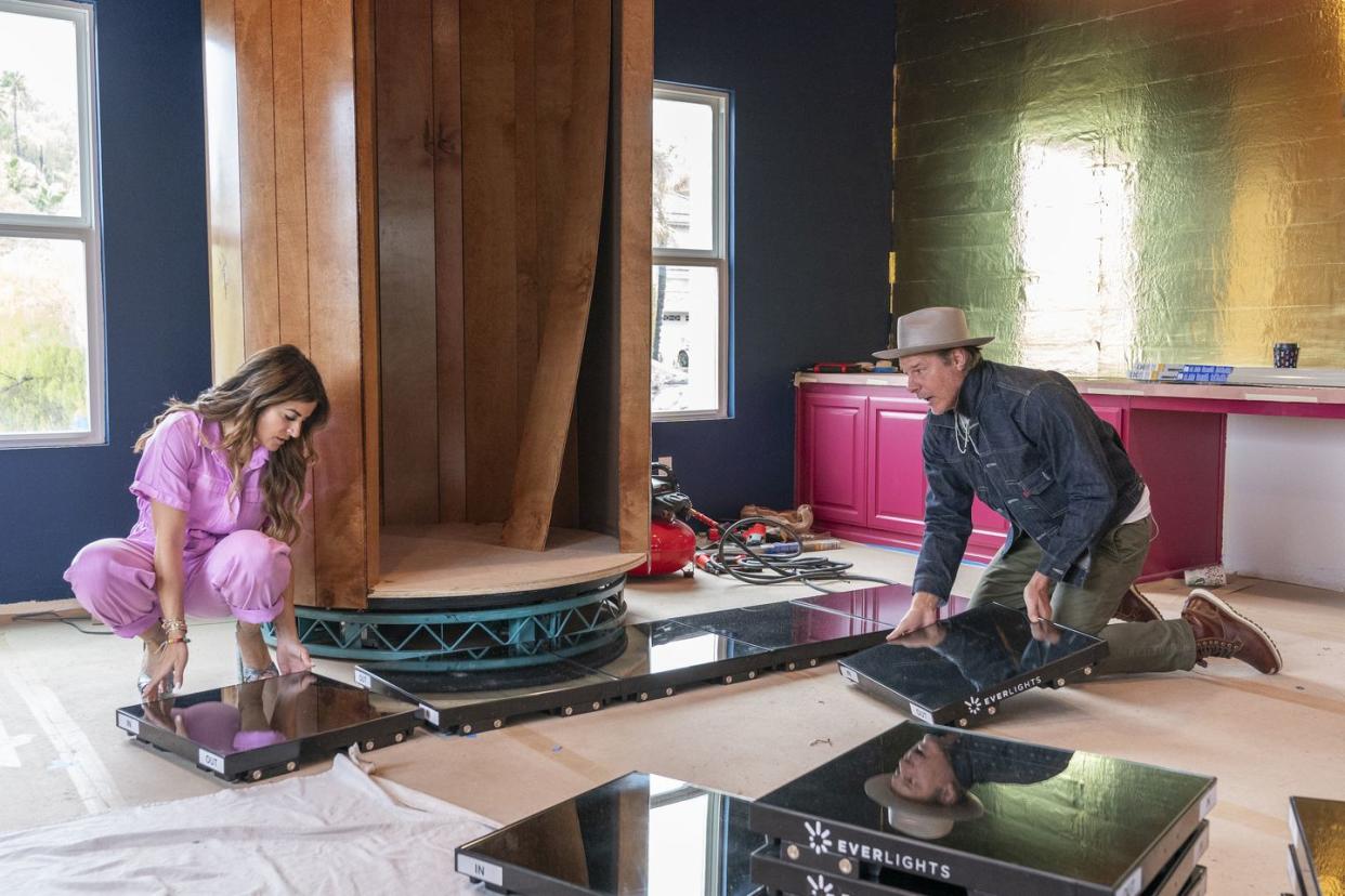 ty pennington and alison victoria install a new led dance floor in ken's den, as seen on barbie dream house challenge, season 1