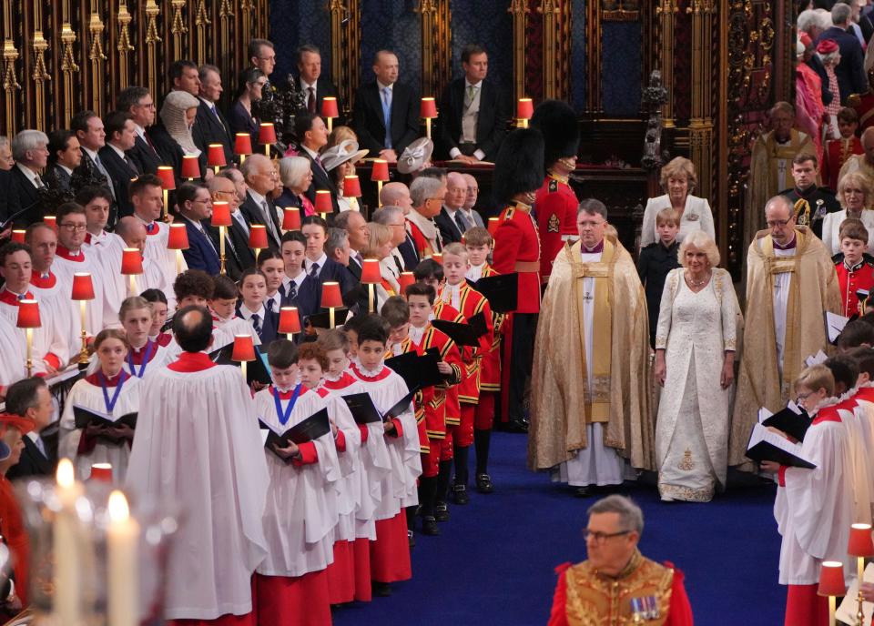 Britain's Camilla, the Queen Consort, center right, arrives at Westminster Abbey for the coronation in London, Saturday, May 6, 2023.