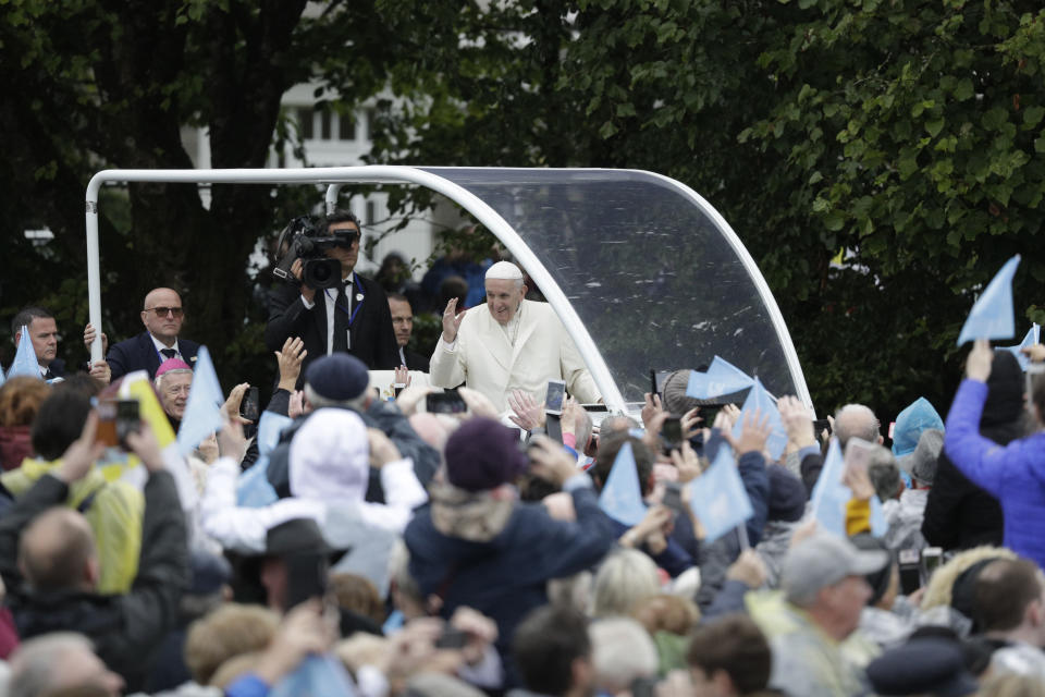 Pope Francis waves as he arrives at the Knock Shrine, in Knock, Ireland, Sunday, Aug. 26, 2018. (AP Photo/Gregorio Borgia)