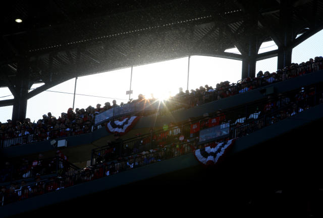 ST LOUIS, MISSOURI - OCTOBER 12: The sun sets at Busch Stadium during game two of the National League Championship Series between the Washington Nationals and the St. Louis Cardinals on October 12, 2019 in St Louis, Missouri. (Photo by Scott Kane/Getty Images)