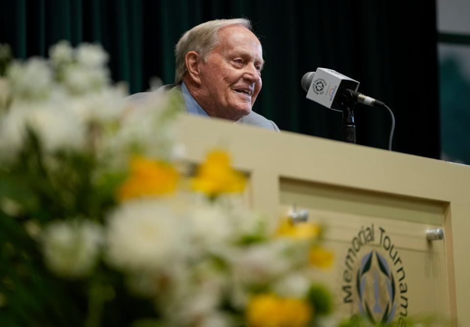 May 30, 2023;  Dublin, Ohio, USA;  Jack Nicklaus answers questions at a press conference during a practice round for the Memorial Tournament at Muirlfield Village Golf Club. 