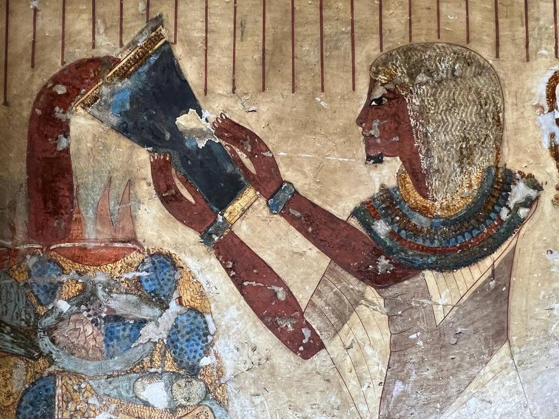 A close-up photo of a restored painting inside the tomb of Neferhotep.