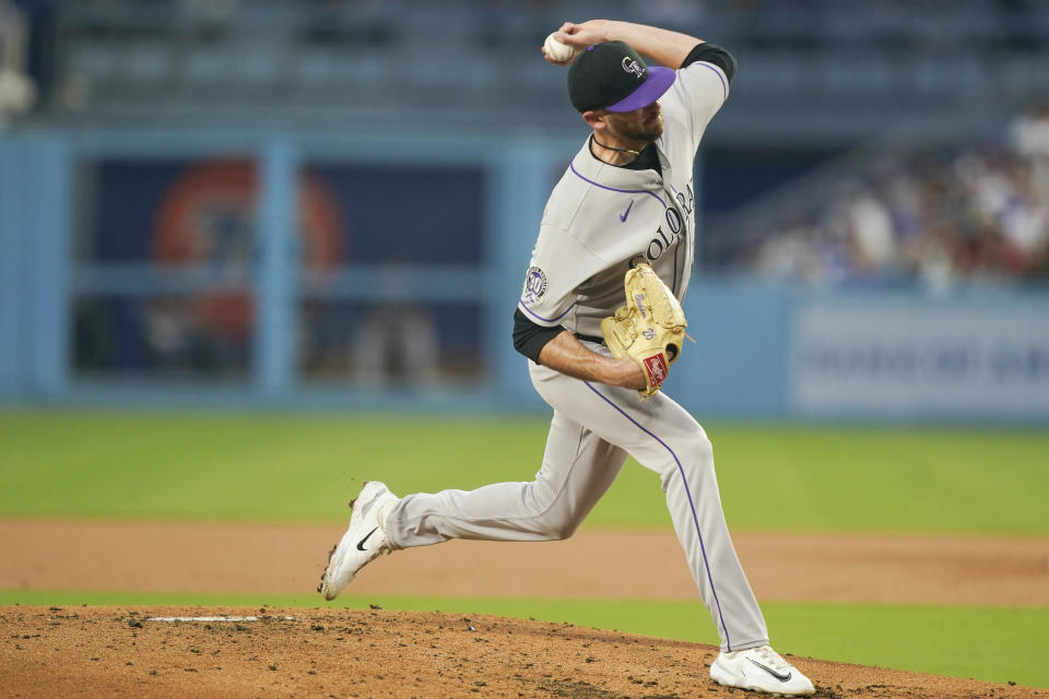 Colorado Rockies starting pitcher Austin Gomber throws during the second inning of the team's baseball game against the Los Angeles Dodgers, Friday, Aug. 11, 2023, in Los Angeles. (AP Photo/Ryan Sun)