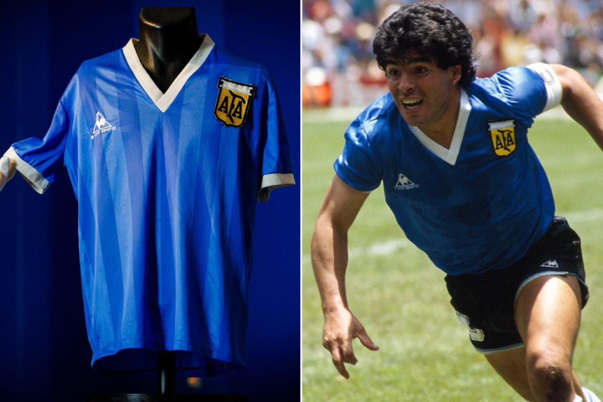 Sotheby’s New Bond Street exhibition of Diego Maradona’s Historic 1986 World Cup Match-Worn Shirt opens to the public at Sotheby's on April 20, 2022 in London, England. The shirt was worn both during ‘The Hand of God’ and ‘Goal of the Century’ goals, as shown by Resolution Photomatching. The online auction opened this morning, with a first bid now placed on the lot for £4 million, bidding remains open until 4 May. Diego Maradona from Argentina celebrates after scoring his second goal against England in a quarterfinal match of the 1986 FIFA World Cup.
