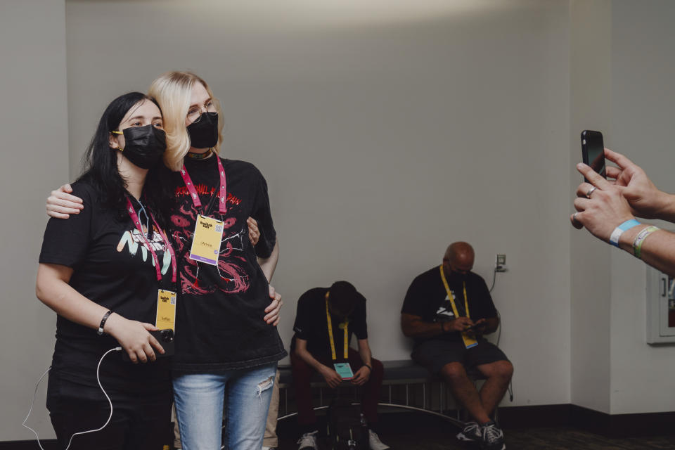 Sorrenti takes a photo with Annie Roberts, another streamer and Twitch ambassador, at TwitchCon. (NBC News)