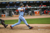 Minnesota Twins Max Kepler hits a single to center field to drive in the winning run during the ninth inning of a baseball game against the Boston Red Sox, Thursday, April 15, 2021, in Minneapolis. The Twins won 4-3. (AP Photo/Craig Lassig)