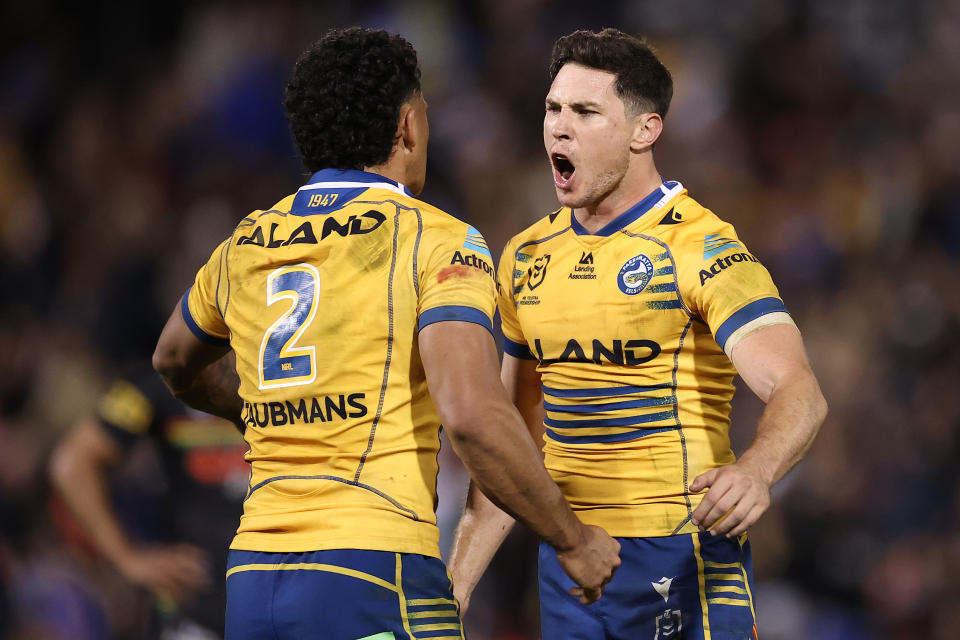 Hayze Perham and Mitchell Moses, pictured here celebrating after Parramatta's win over Penrith.