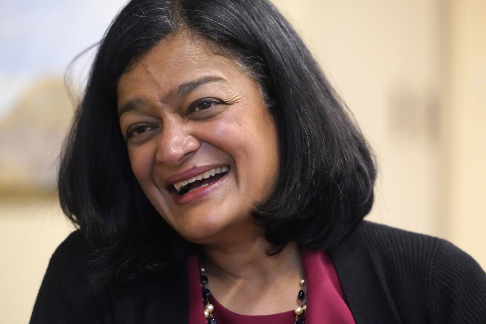 Rep. Pramila Jayapal, D-Wash., smiles during an interview Friday, Nov. 12, 2021, in Seattle. Jayapal's career has rapidly ascended into the top tiers of U.S. politics, bringing with her the progressive street cred she amassed in Seattle and a political sensibility she has decisively wielded in D.C. (AP Photo/Elaine Thompson)