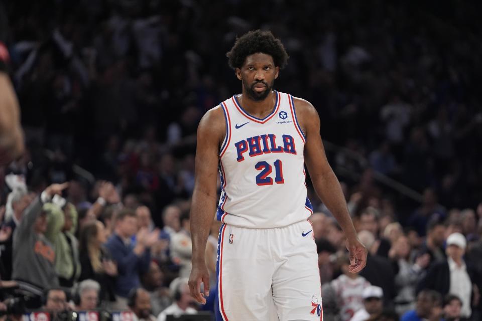 Philadelphia 76ers' Joel Embiid (21) reacts during the first half of Game 5 in an NBA basketball first-round playoff series against the New York Knicks, Tuesday, April 30, 2024, in New York. (AP Photo/Frank Franklin II)