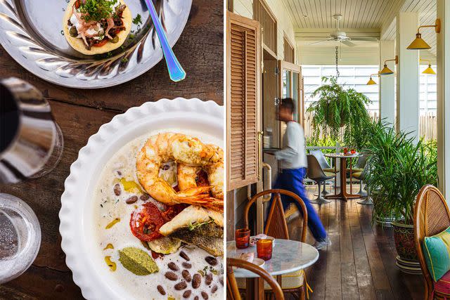 <p>Chris Schalkx</p> From left: Tortillas with braised beef cheek and anchovy and bean stew with barracuda, prawns, and ratatouille at Som’s Table; a server at Praça, the Standard’s beachside restaurant.