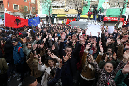 Thousands of students of public universities protest against higher tuition fees in front of the Ministry of Education in Tirana, Albania, December 11, 2018. REUTERS/Florion Goga