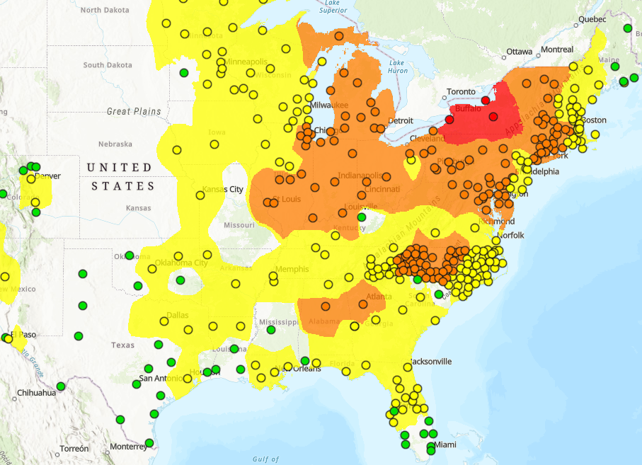 The air quality forecast for later in the day Friday shows the Cincinnati region in the "orange" zone or unhealthy.