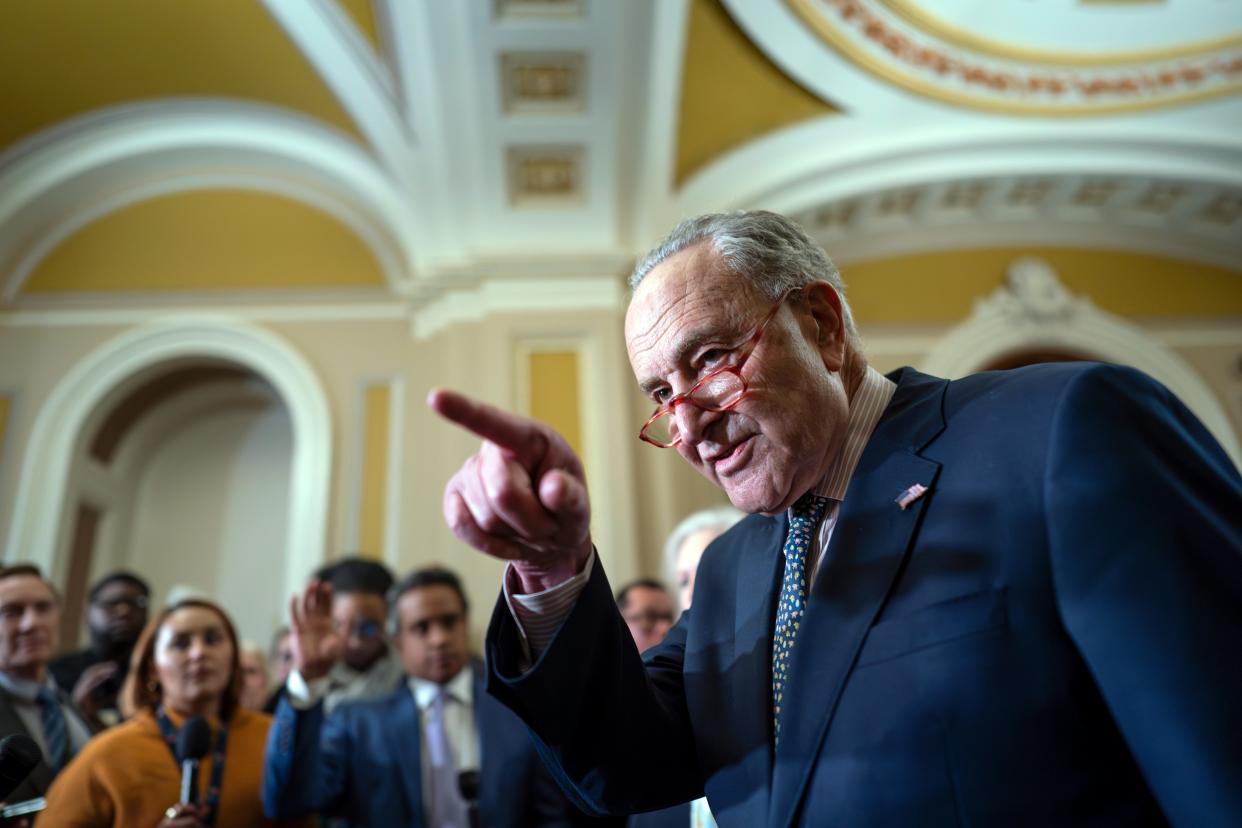 Senate Majority Leader Chuck Schumer, D-N.Y., speaks to reporters about support for Israel following a closed-door caucus meeting, at the Capitol in Washington, Tuesday, Oct. 31, 2023.