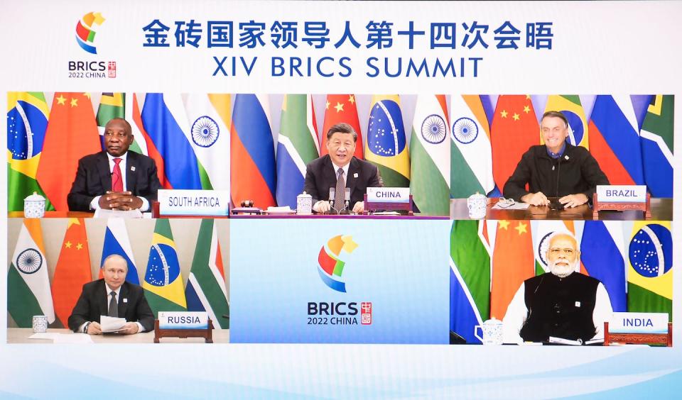 BRICS leaders at the time of the 2022 summit. <a href="https://www.gettyimages.com/detail/news-photo/chinese-president-xi-jinping-hosts-the-14th-brics-summit-news-photo/1241486840?adppopup=true" rel="nofollow noopener" target="_blank" data-ylk="slk:Li Tao/Xinhua via Getty Images;elm:context_link;itc:0;sec:content-canvas" class="link ">Li Tao/Xinhua via Getty Images</a>