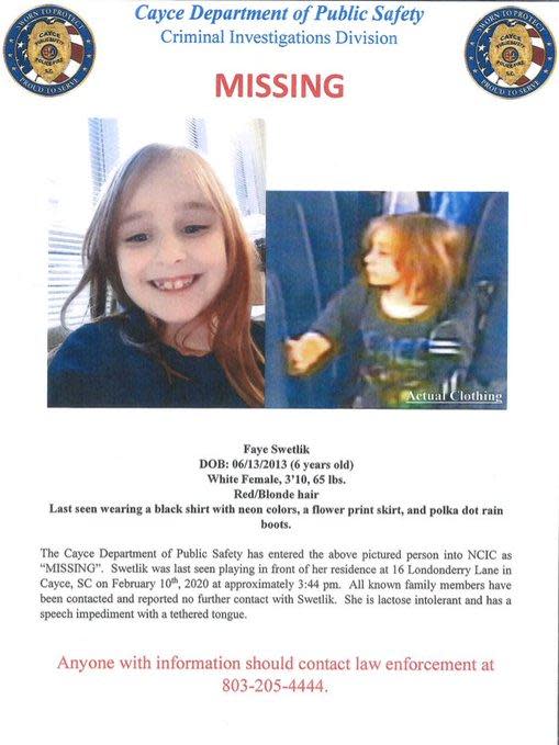 The missing child poster for Faye Swetlik (Cayce Department of Public Safety)