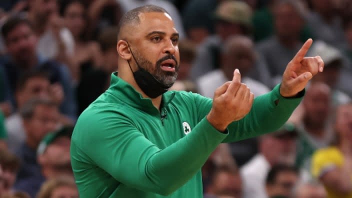 Head coach Ime Udoka of the Boston Celtics calls out a play in the fourth quarter against the Golden State Warriors during Game Three of the 2022 NBA Finals in June. (Photo: Maddie Meyer/Getty Images)