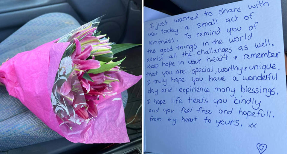 A photo of the flowers and another photo of the hand-written card.