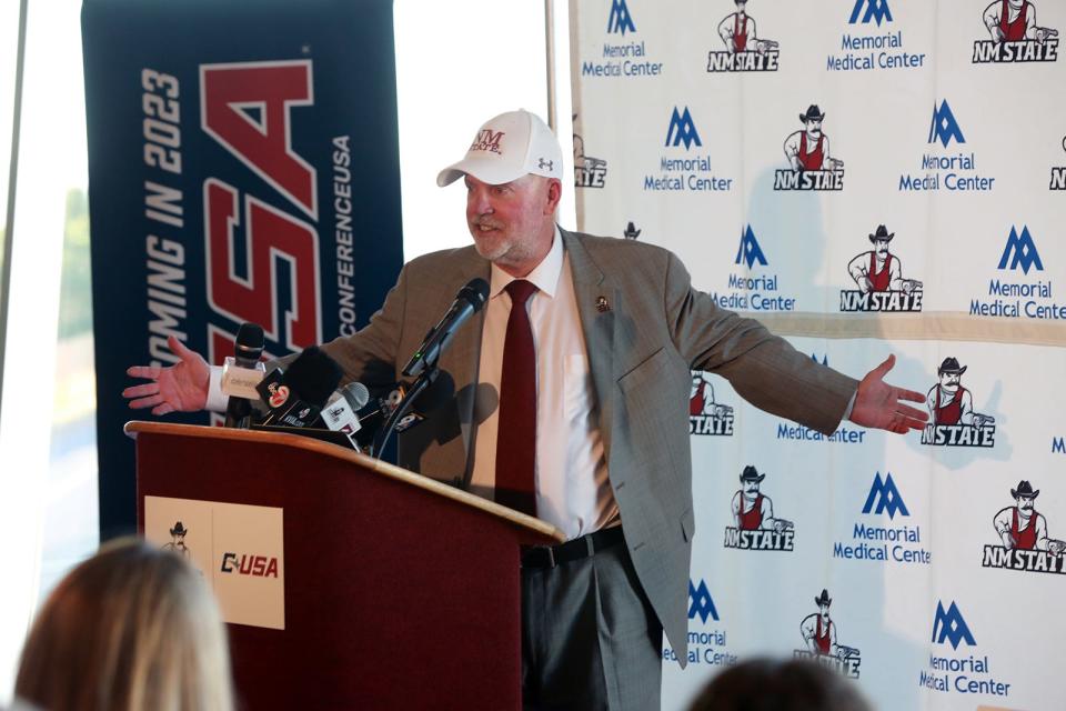 Jerry Kill answers questions from the media on Monday, Nov. 29, 2021 during a news conference to announce Kill as the New Mexico State head football coach.