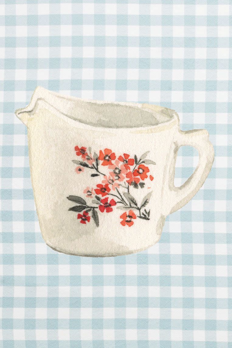 Anchor Hocking Fire King Creamer in Primrose, White with Red Floral Decal