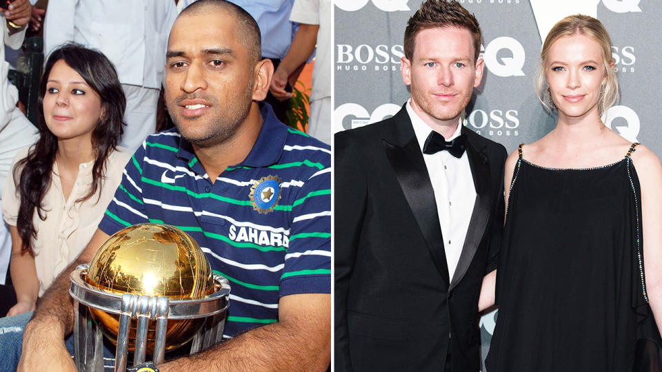 MS Dhoni and Eoin Morgan with their wives.