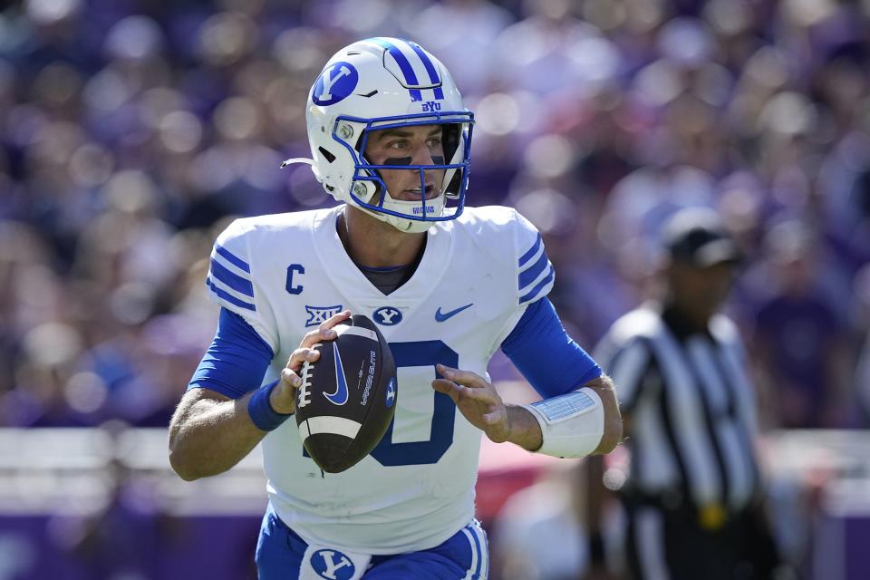 BYU quarterback Kedon Slovis (10) looks to pass during the first half of an NCAA college football game against TCU, Saturday, Oct. 14, 2023, in Fort Worth, Texas. | LM Otero, Associated Press