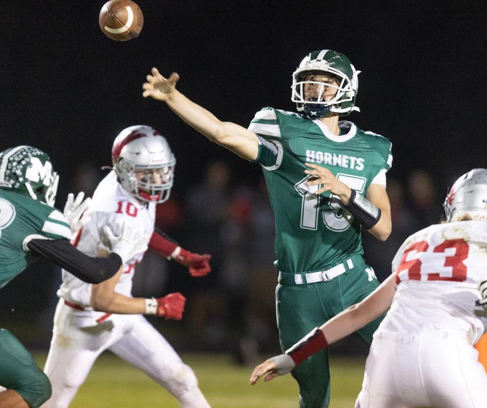 Malvern QB Jared Witherow passes against Sandy Valley, Friday, Sept. 15, 2023.