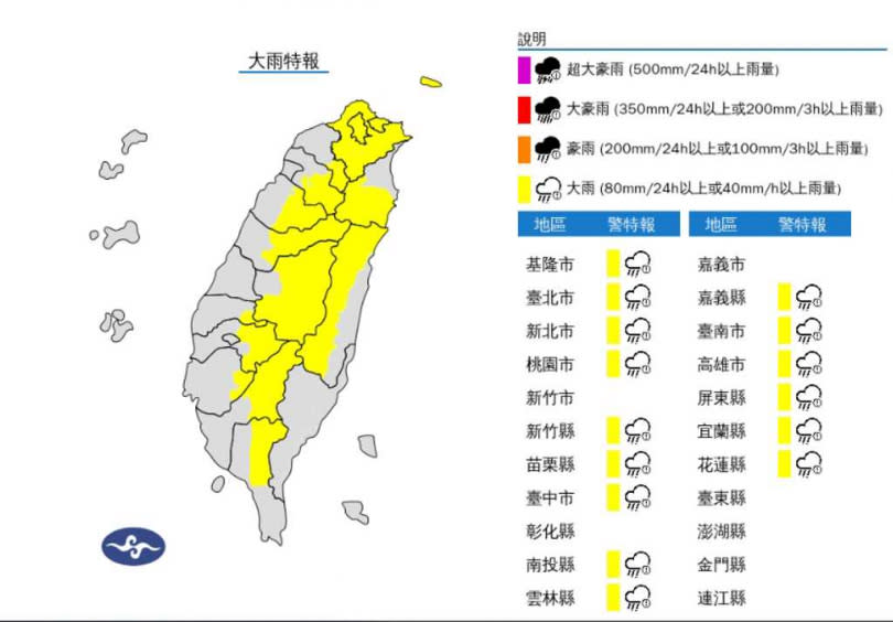 氣象署發布大雨特報。（圖／中央氣象署提供）