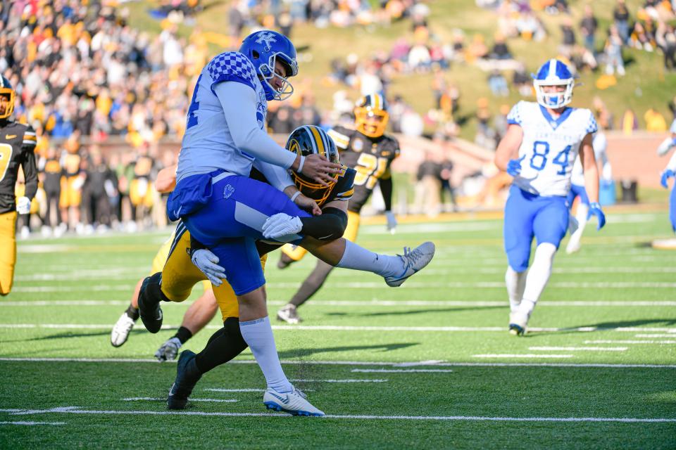 COLUMBIA, MO - NOVEMBER 05: Missouri Tigers linebacker Will Norris (22) hits Kentucky Wildcats punter Colin Goodfellow (94) just after kicking the ball off while shooting a penalty that would give Kentucky a first down in a SEC conference game between the Kentucky Widlcats and the Missouri Tigers was played on Saturday, November 5, 2022 at Faurot Field at Memorial Stadium in Columbia MO.  (Photo by Rick Ulreich/Icon Sportswire via Getty Images