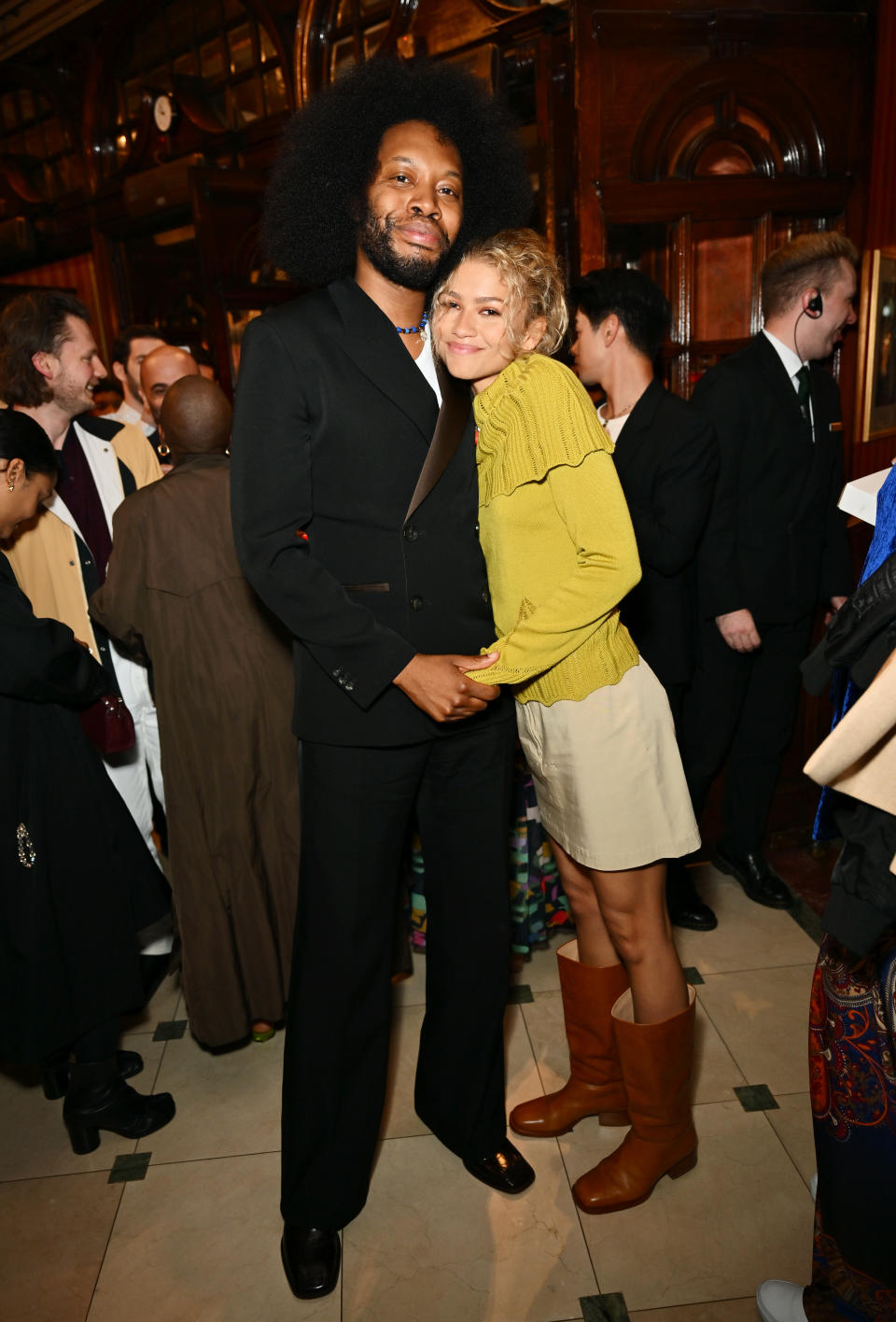 LONDON, ENGLAND - JULY 10: Playwright Jeremy O. Harris and Zendaya pose in the foyer following the press night performance of "Slave Play" at the Noel Coward Theatre on July 10, 2024 in London, England. (Photo by Jed Cullen/Dave Benett/Getty Images)