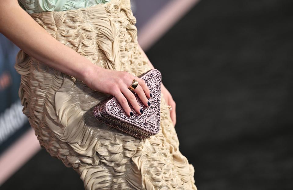 Joey King, handbag detail, at the L.A. premiere of "We Were The Lucky Ones" held at The Academy Museum of Motion Pictures on March 21, 2024 in Los Angeles, California.