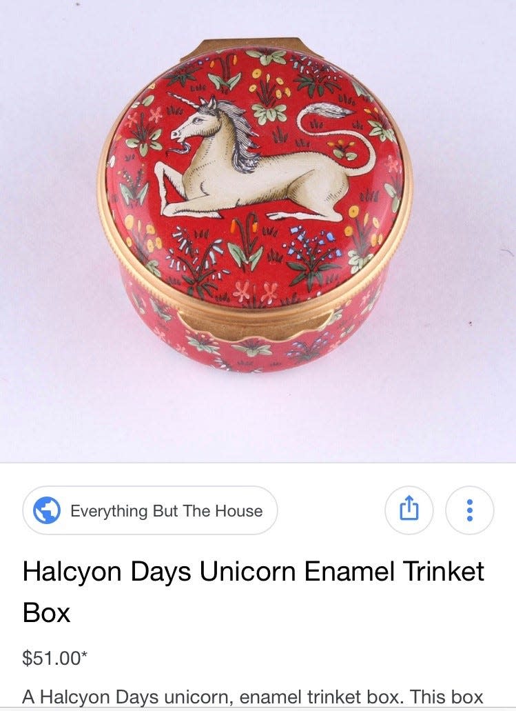 A unicorn box for sale on Everything But The House's web site.